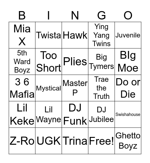 TRAP BINGO 90's & 2000's Bingo Card