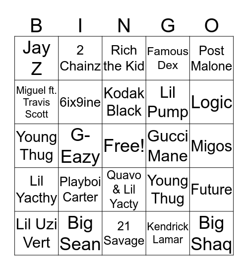 2017 Trap Music Bingo Card