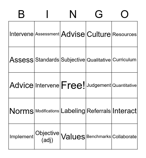 STARS: Module 4 Vocabulary Bingo Card