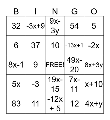 Algebra Review Bingo Card