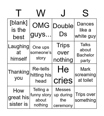 John’s Wedding Weekend Bingo Card