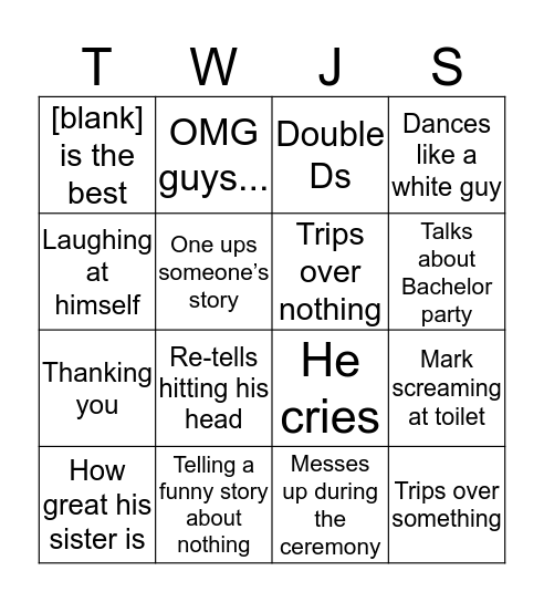 John’s Wedding Weekend Bingo Card