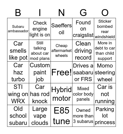 Subaru Bingo Card