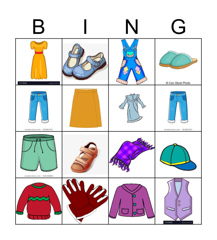 Clothes Bingo Card