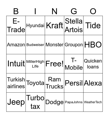 Superbowl Commercials Bingo Card