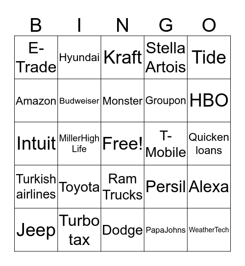 Superbowl Commercials Bingo Card