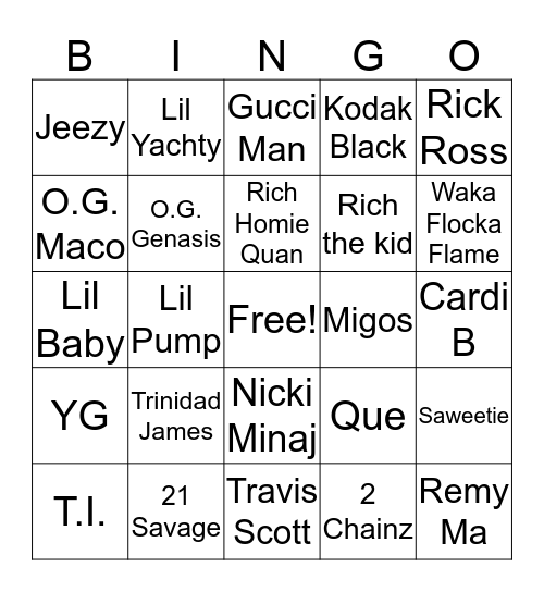 Trap Music 1 Bingo Card