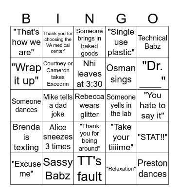 VA Lab Bingo Card