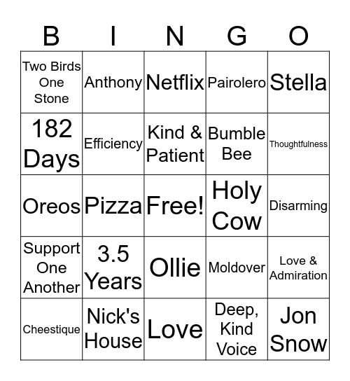 Bridal Bingo Card