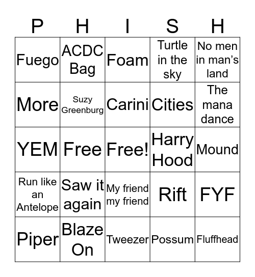 Phish BINGO Card