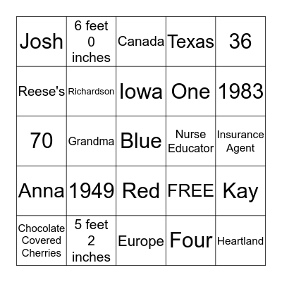 BIRTHDAY BINGO for GRANDMA and JOSH Bingo Card