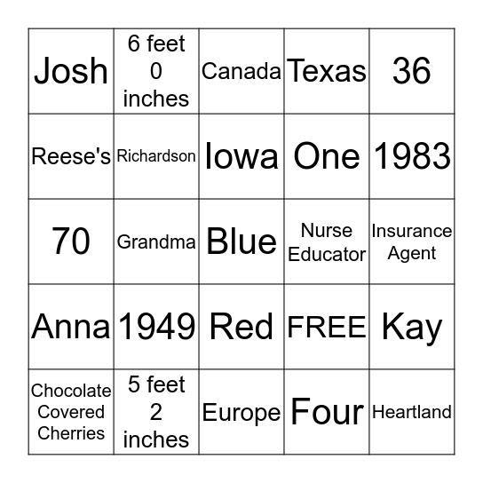 BIRTHDAY BINGO for GRANDMA and JOSH Bingo Card