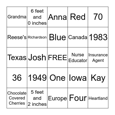 Grandma & Josh's Birthday Bingo Card