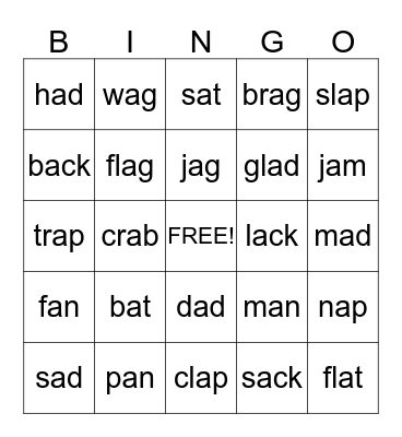 Short  "a"  Words Bingo Card