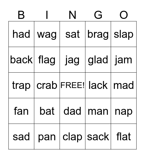 Short  "a"  Words Bingo Card