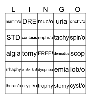 Medical Lingo Bingo Card