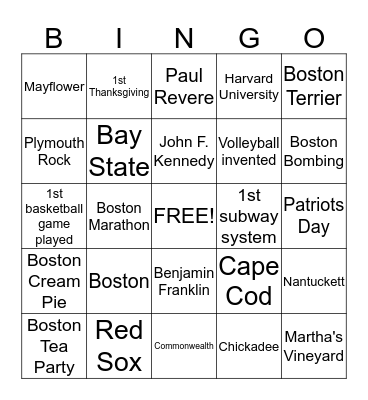 Massachusetts Bingo Card