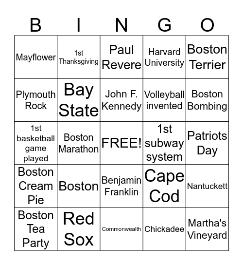 Massachusetts Bingo Card