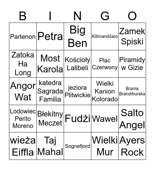 Atrakcje turystyczne świata Bingo Card