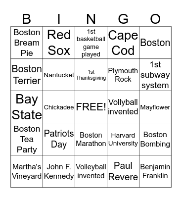 Massachusetts Bingo Card