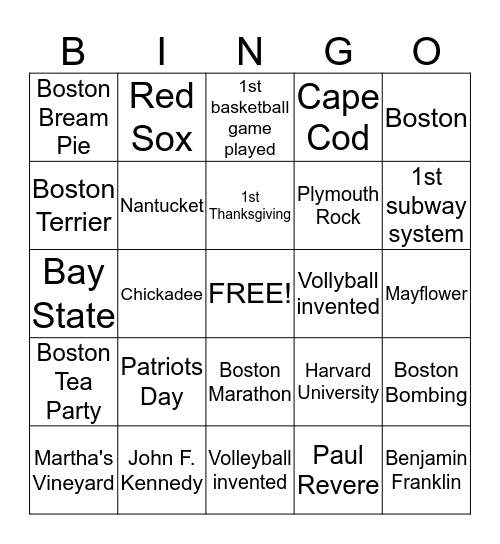 Massachusetts Bingo Card
