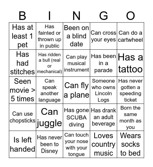 Give Me Your Info Bingo Card