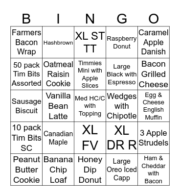 Tim Hortons Bingo Card