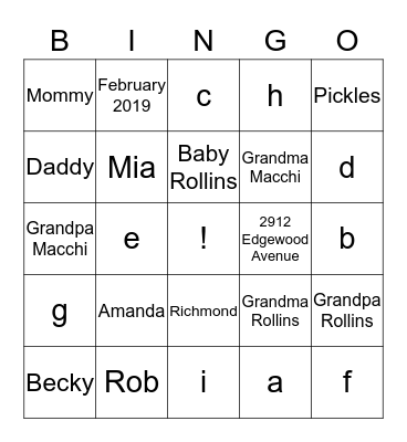 Amanda's Baby Shower Bingo Card