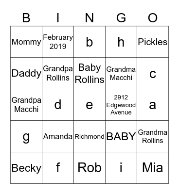 Amanda's Baby Shower Bingo Card