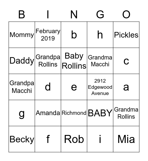 Amanda's Baby Shower Bingo Card