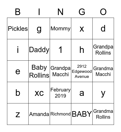 Amanda's Baby Shower Bingo Card