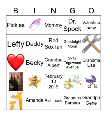 Amanda's Baby Shower Bingo Card
