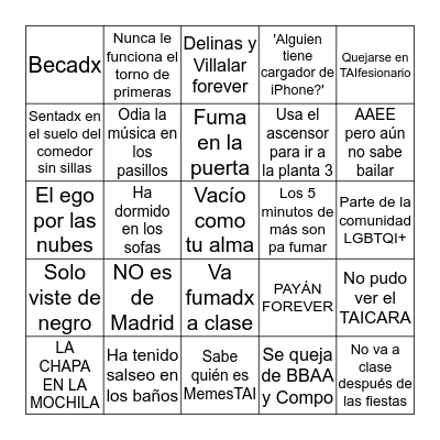 Bingo del Alumno de TAI Bingo Card