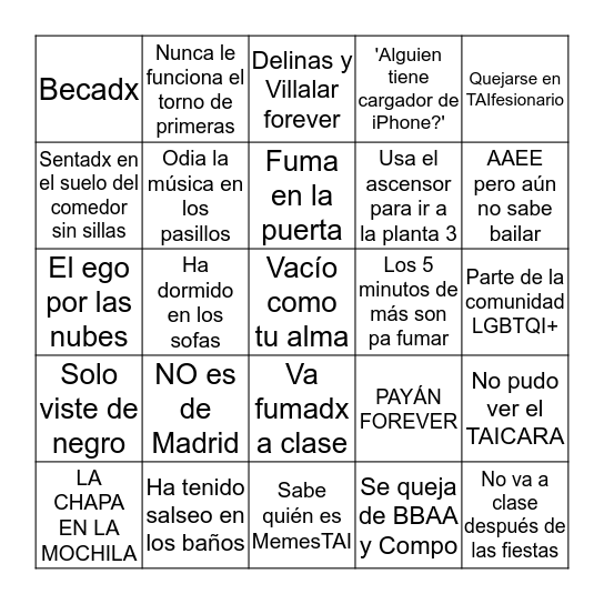 Bingo del Alumno de TAI Bingo Card