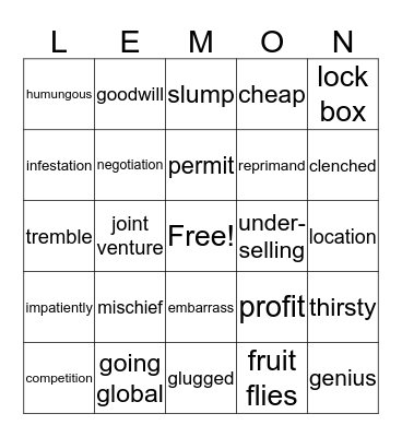 Lemonade Wars Bingo Card
