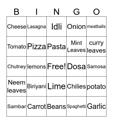 Harshini's food BINGO!!!!! Bingo Card