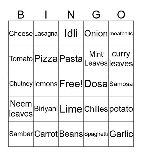 Harshini's food BINGO!!!!! Bingo Card