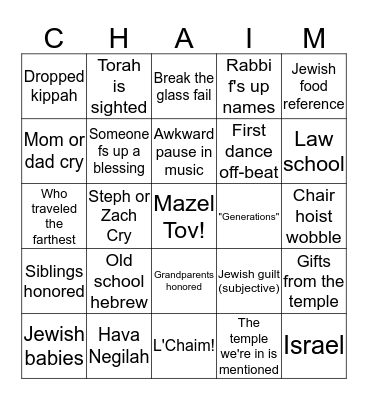 Jewish Wedding Bingo Card