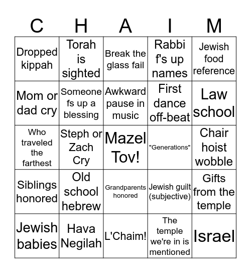 Jewish Wedding Bingo Card