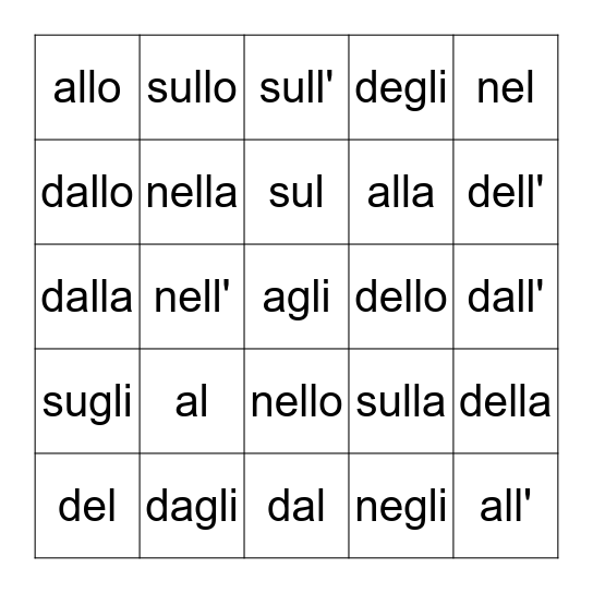 Combinazioni articolo determinativo Bingo Card