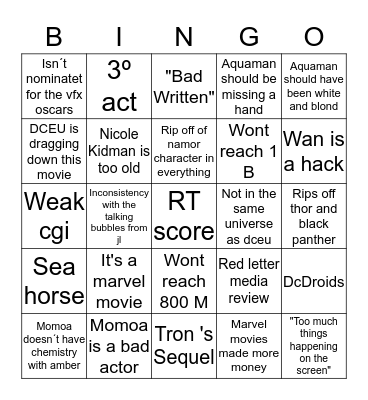 Marvel Shills about Aquaman's Movie Sucess Bingo Card