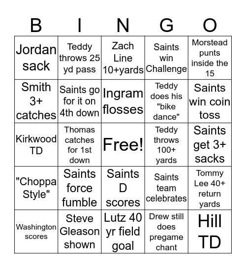 Saints Vs. Panthers 2 Bingo Card