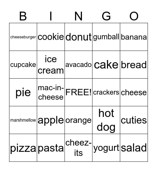 food bingo Card