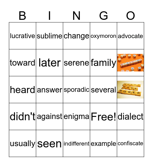 January Spelling/Vocabulary Bingo Card