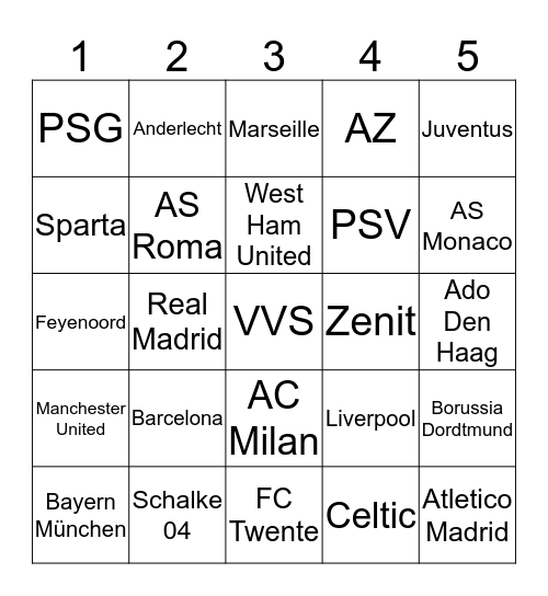 Bingo Voetbalclubs Bingo Card