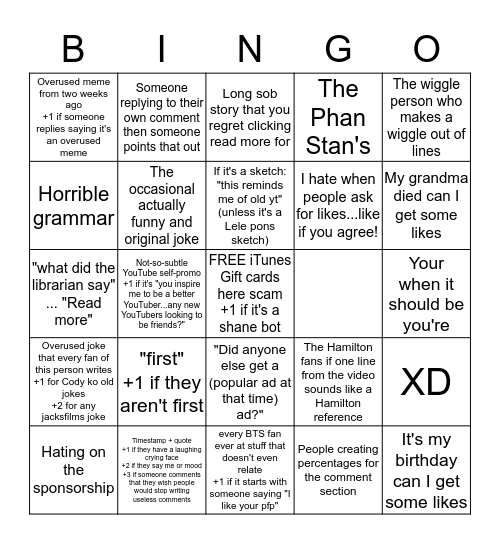 YouTube Comment Section Bingo Card