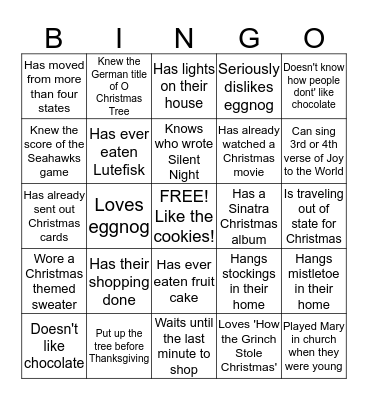 Women's Christmas Party 2013 Bingo Card