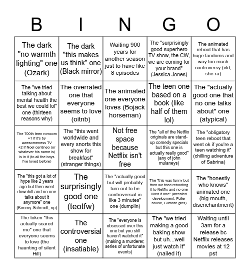 Netflix Originals Bingo Card