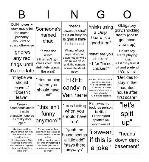 Horror Movie Cliches Bingo Card