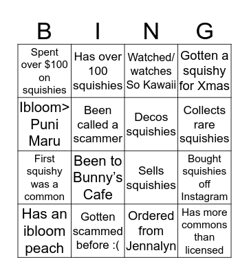 squishy bingo Card